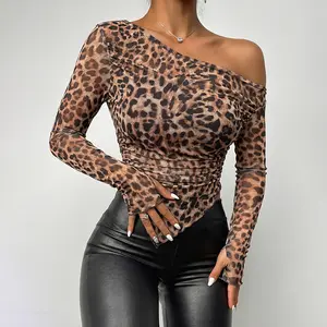 ChicMe Women's Leopard Print Skew Neck Long Sleeve Asymmetrical Hem Tee Slim Fit Side Ruched Sheer Mesh Top with Thumb Hole Cuffs & Lining