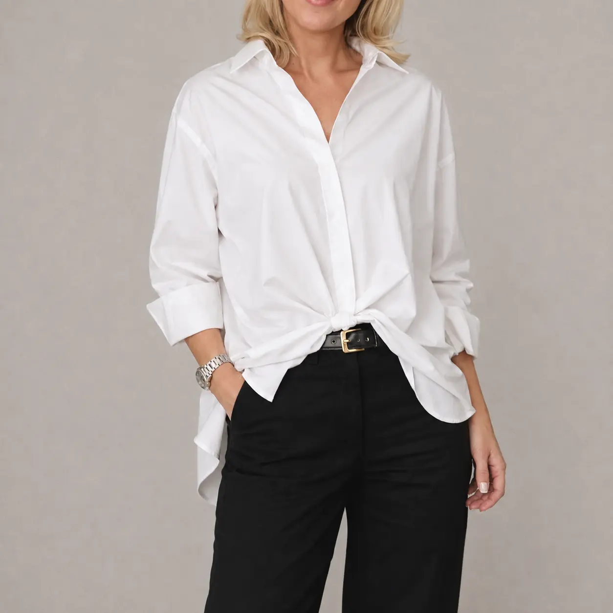 Lady's Basic Elegant Polyester Collared Oversized White Longsleeves Blouse Dress - Minimalist Loose Fit, Structured Silhouette, Premium Lightweight Fabric, Invisible Mannequin Look, Tops for Work, Daily Wear