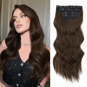 [Vigorous] Chocolate Brown Clip in Hair Extensions Long Wavy Synthetic Hairpieces for Women and Girls, Easy to Install for Daily Use and Event Party Use