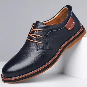 Men's Genuine Leather Cowhide Faux Leather Shoes Navy Blue Black Olive Green Brown Non-slip Rubber Soles Comfortable Lace-up Business Casual Shoes