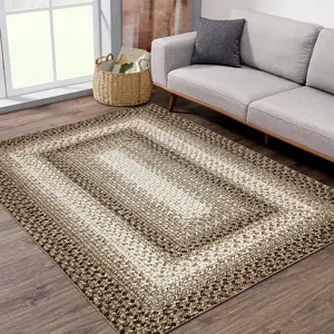 【GARVEE】5x7 Area Rug Braided Printed Washable Rug Farmhouse Boho Accent Indoor Throw Floor Cover Non Slip Bohemian Large Carpet Rustic Rug for Living Room Bedroom in Taupe