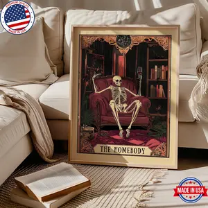 The Homebody Tarot Card, The Homebody Club, Sarcastic Skeleton, Spooky, Living Room, Witchy Library Decor