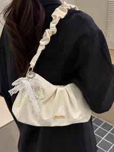 New high-quality pleated cloud shoulder bag, fashionable broadband underarm bag, spring and summer pearl lace decorative stray bag, soft casual backpack