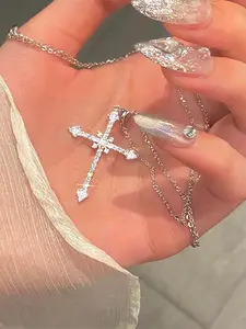 Women's Y2K Alloy Rhinestone Cross Pendant Necklace, Casual All-Season Jewelry for Women, Perfect Holiday Accessory