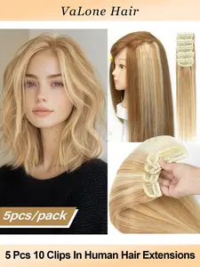 5PCS Straight Clip In Hair Extensions Real Human Hair Double Weft Invisiable Clips in Hair Extensions Natural Human Hair For Women Daily Full Head Use Hair Weave Extensions