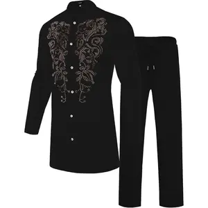 Mens African 2 Piece Set Glitter Rhinestone Traditional Suit Shiny Blingbling Sparkle Metallic Dashiki Shirt Pant Outfit Menswear Clothes Gamis Casual business casual outfits