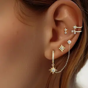 925 Sterling Silver North Star Tassel Earrings for Women, CZ Dainty Drop Chain Earrings, Minimalist Hypoallergenic Jewelry for Sensitive Ears, Trendy Statement Star Earrings, Everyday Wear Gift for Her