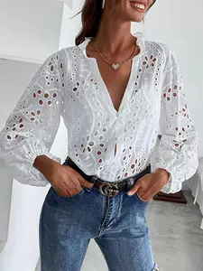 Women's Fashion Spring Summer Long Sleeve Embroidered Top, Stylish Casual Blouse, Perfect for Daily Wear, Comfortable and Trendy