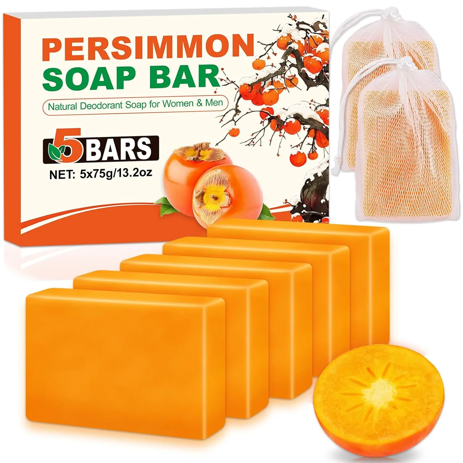 5 Pcs Persimmon Soap for Old People Smell, Persimmon Soap Bar for Body Odor Control, Natural Organic Deodorant Body Wash Soap for Women & Men