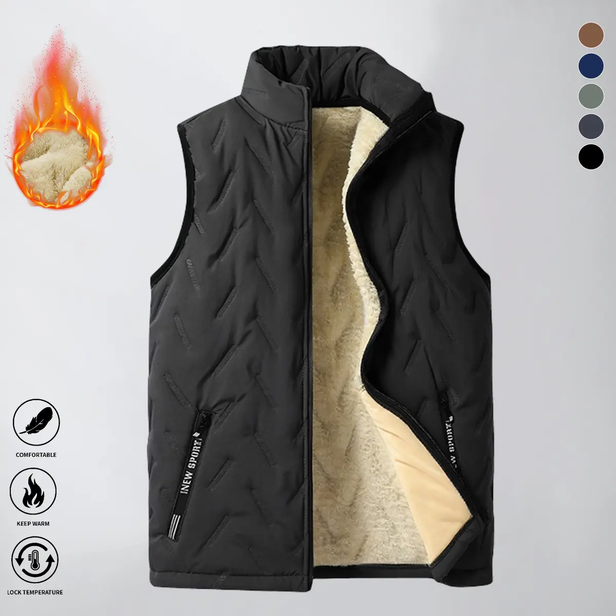 Men’s fleece-lined, thickened stand collar vest for autumn/winter, solid color, minimalist and stylish, plush inner lining for warmth, windproof casual sleeveless outerwear worn over other layers, men’s top