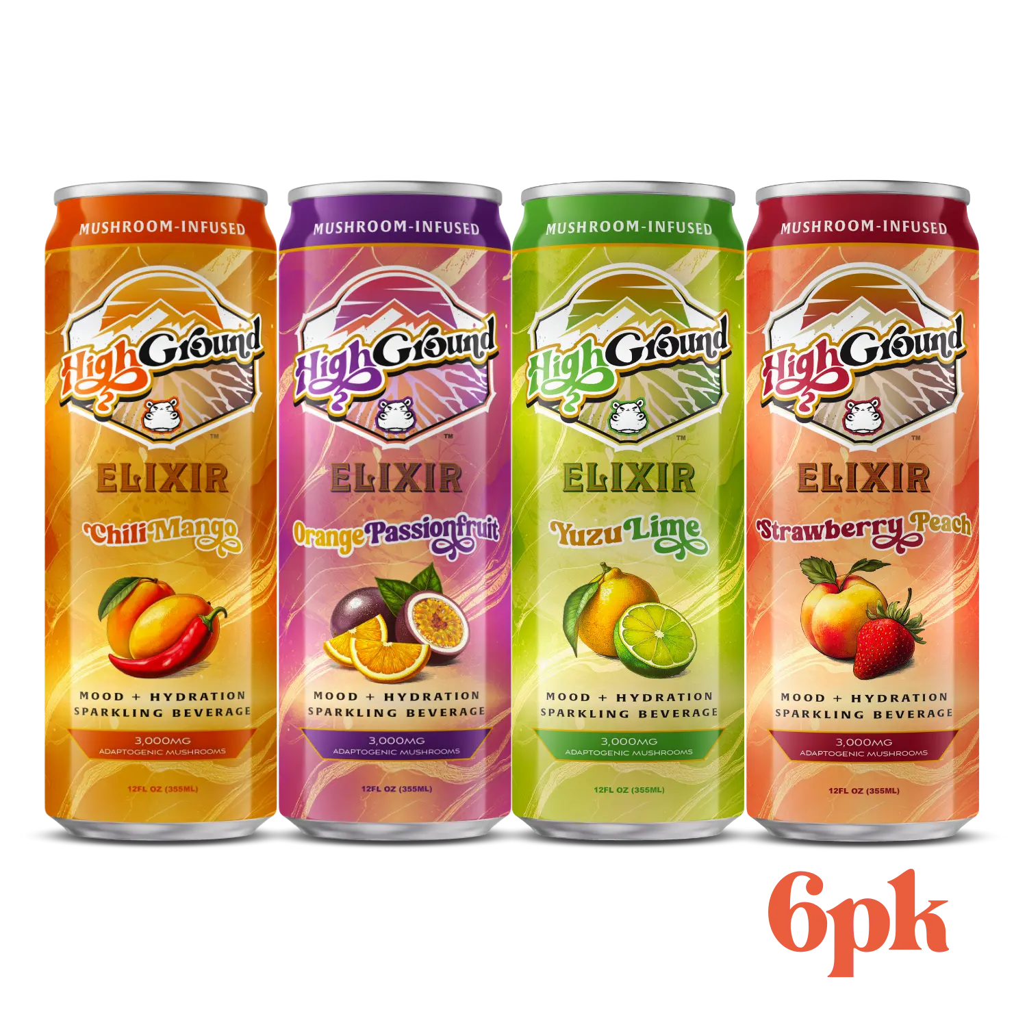 High Ground Elixir Adaptogenic Mushrooms Mood + Hydration Sparkling Drink Variety 6 Pack - Orange Passionfruit Chili Mango Yuzu Lime Beverage Organic Blends Natural Nootropics