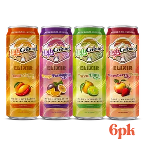 High Ground Elixir Adaptogenic Mushrooms Mood + Hydration Sparkling Drink Variety 6 Pack - Orange Passionfruit Chili Mango Yuzu Lime Beverage Organic Blends Natural Nootropics