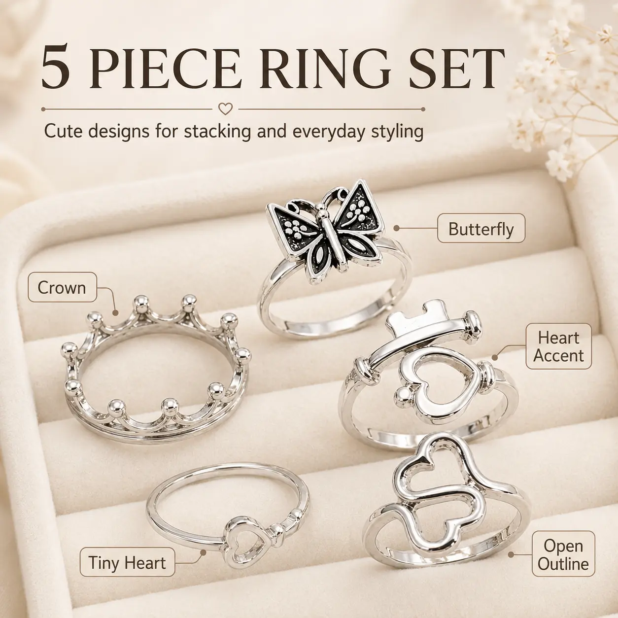 Mother's Day Gift Women's Fashion Jewelry Set, Fashionable Jewelry, Heart Key Butterfly Design Rings, Dainty Stacking Rings, Stackable Rings, Adjustable Rings, Interlocked Stackable Rings, Beautiful Rings, Perfect Gift for Women -MM2