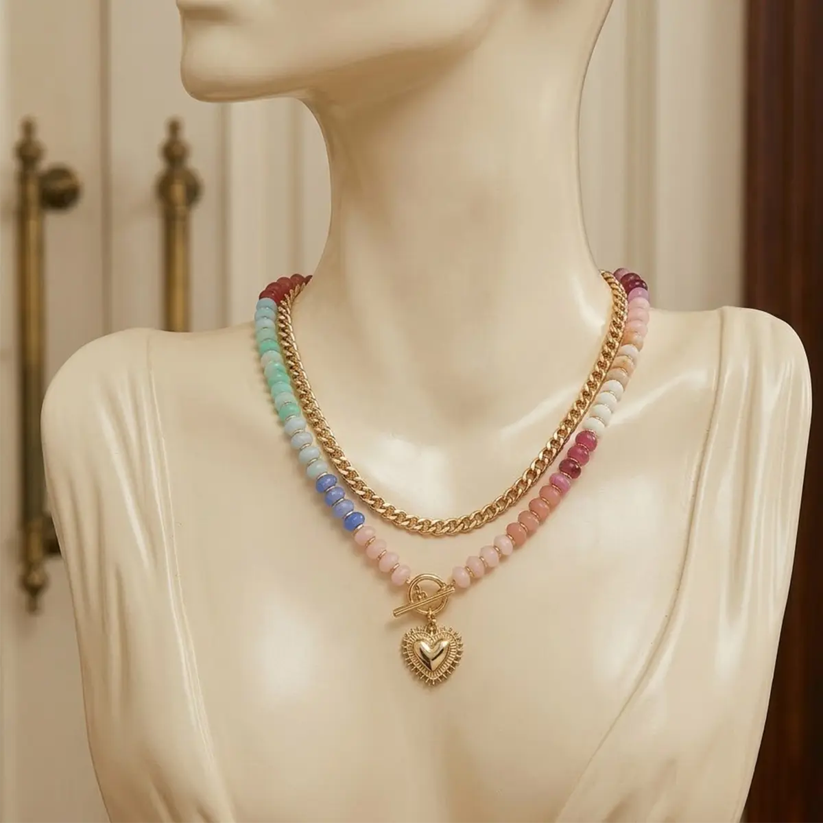 Dopamine-Enhanced Colorful Beaded Double-Layer Necklace, Heart-Shaped Pendant Clavicle Chain, Unique Layered Heart Pendant, Women's Jewelry Gift