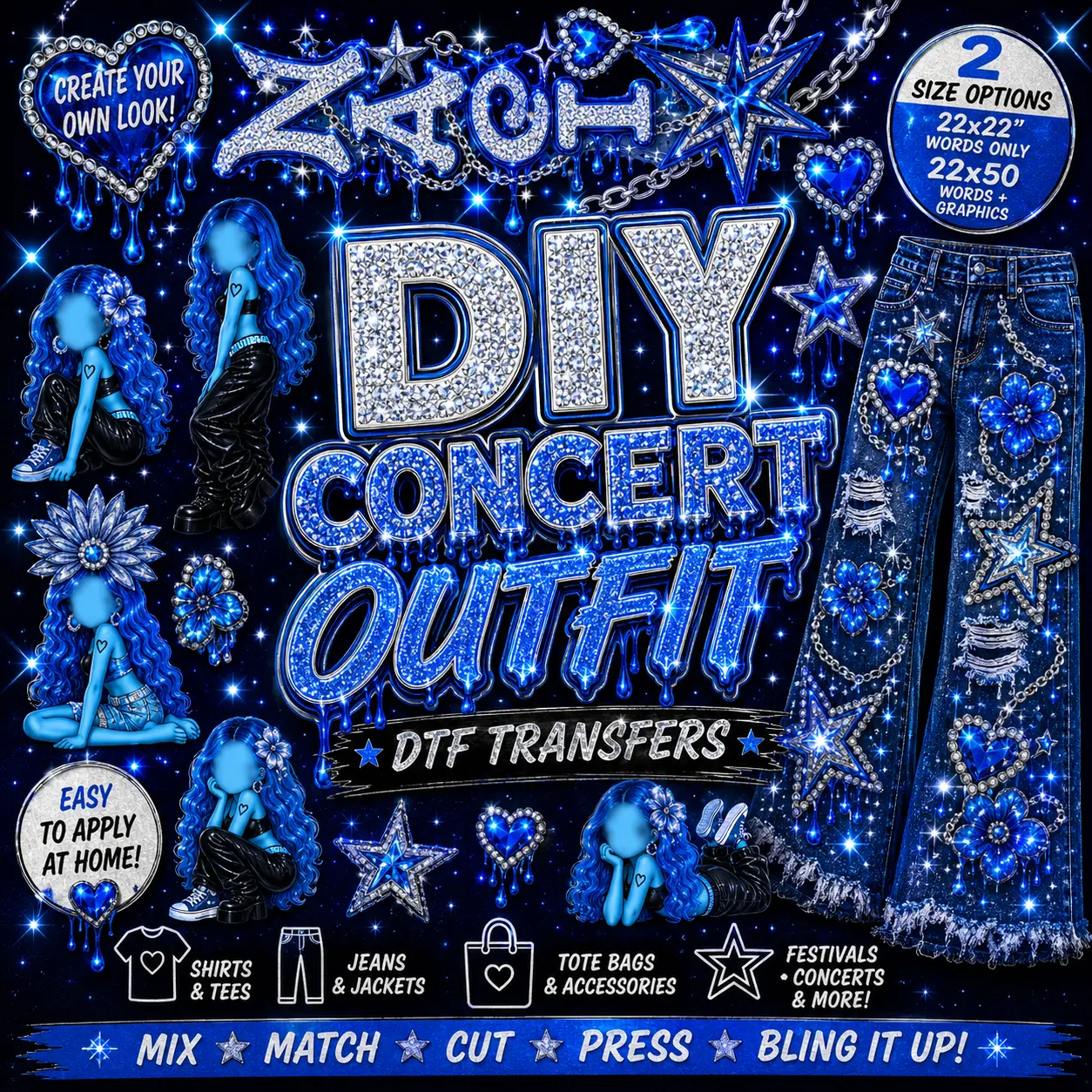 Blue Sparkle DIY Concert Outfit DTF Transfers