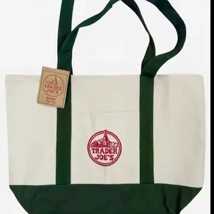 Trader Joe's Large Classic canvas Tote Green/ White LIMITED NEW CHRISTMAS RELEASE