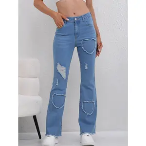 Stylish Heart Embroidered Flare Leg Stretchy Jeans Ripped Raw Hem Soft Denim Fabric Comfortable Fit Womenswear Bottom Pants Trouser Blue Streetwear Fitted jeans for women