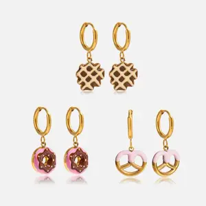 18K Gold-Tone Stainless Steel Hoop Earrings – Waffle, Pink Frosted Donut & Pink-Dipped Pretzel Charms, Gold-Tone Finish Casual Outfits Fun And Sweet Durable