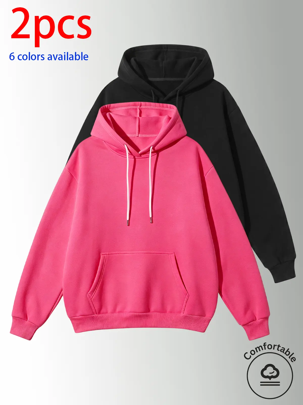 2-pack: men’s hooded sweatshirt, men’s sweatshirt. Loose fit that conceals curves and gives a slimmer look; drawstring kangaroo pockets offer practicality. Soft, comfortable, skin-friendly fabric; minimalist solid-color design; available in multiple color