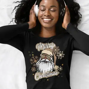 Black Santa Long Sleeve Tee - Elegant Brown Melanin Women's Streetwear Top with Graphic Christmas Design - Holiday Cotton Melanin Tshirt - Casual Festive Womenswear Crewneck