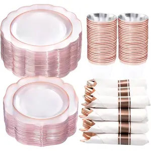 350-Piece Rose Gold Plastic Dinnerware Set - Clear Rose Gold Disposable Tableware Set - Includes 100 Main/Dessert Plates, 50 Cups, 50 Pre-rolled Napkins, and Cutlery Set - Ideal for Parties and Weddings