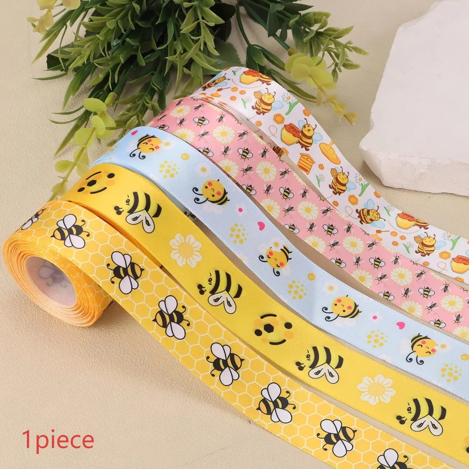 Bee Fashion Theme Satin Ribbon, Polyester Printed Decorative Ribbon, 5m/2.5cm, Ideal for Handmade DIY and Holiday Parties, Multiple Colors Available