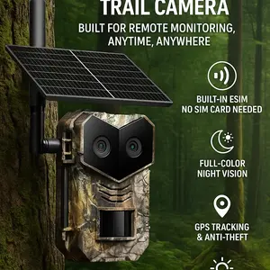 Solar-Powered 4G LTE Trail Camera – Dual Lens Deer Cam with eSIM, GPS Tracking, PIR Motion Sensor, Full Color Night Vision, No-Glow IR, 2K HD Live Feed, LTE Cellular Security Cam for Wildlife, Smart Airbnb, Flock Camera, Outdoor Monitoring, No WiFi Needed