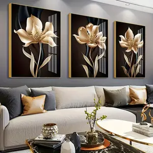 3pcs/set Modern Canvas Print Posters, Golden Flower Canvas Wall Art Paintings, Artwork Wall Painting For Living Room Bedroom Bathroom Office Hallway Kitchen Wall Decors, No Frames