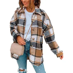 Women’s Autumn Color-Block Plaid Flannel Shacket Jacket, Button-Down Shirt Coat Tops