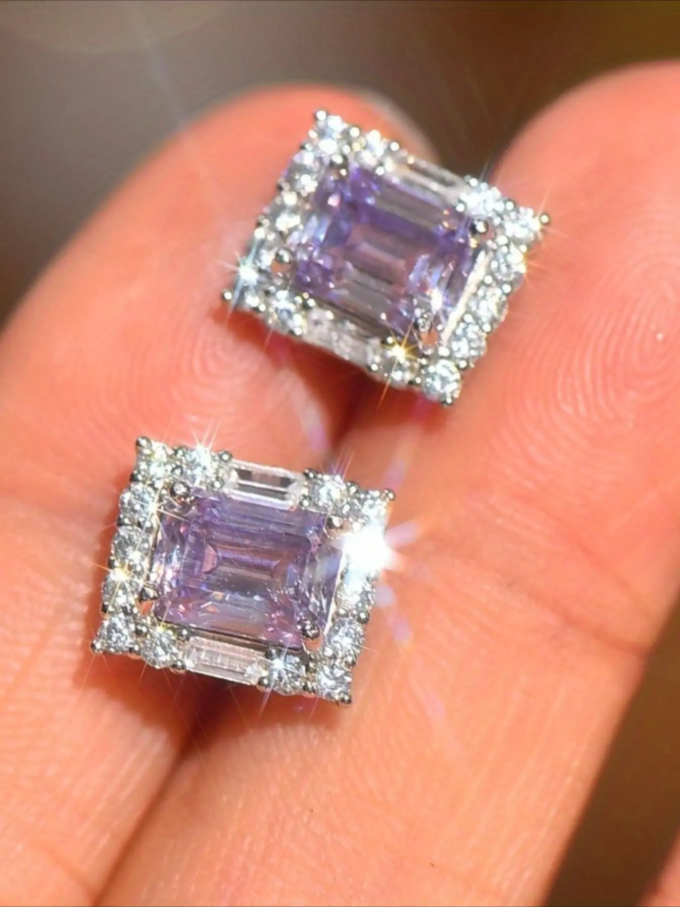 1Pair 2Carat S925 Sterling Silver Elegant Purple Moissanite Square Earrings, Classic Style Earrings, Party Earrings, Christmas Gift