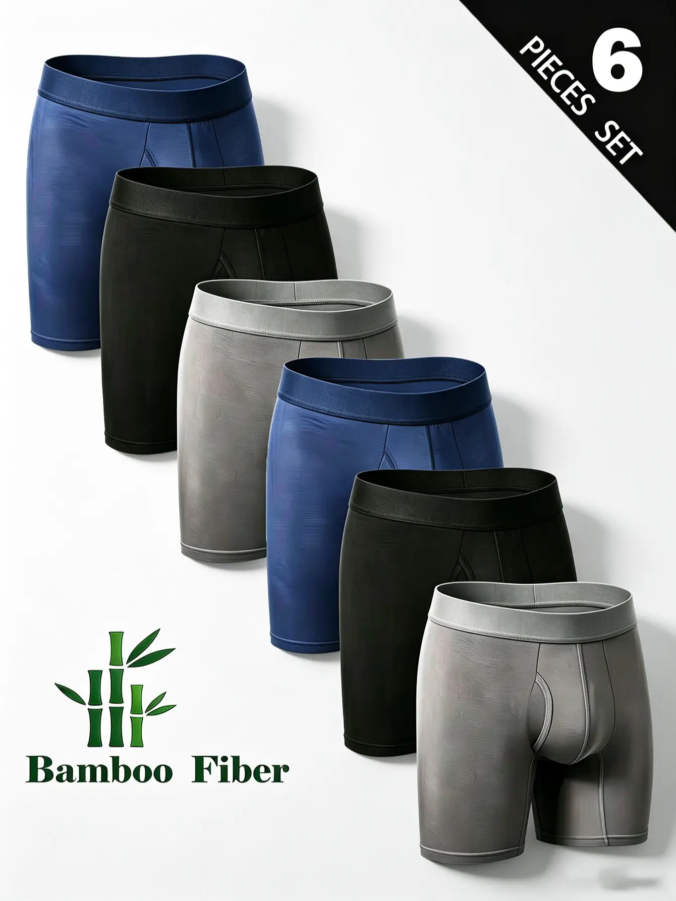 Menswear Men's 6-Pack Solid Bamboo Fiber Boxer Briefs, Elastic Soft & Breathable Athletic Underwear, No-Ride-Up Fit for All-Season Comfort