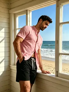 Men's Casual Wrinkle Short Sleeve Shirt, Lightweight Breathable Fabric, Ideal for Beach Vacation, Daily Wear, Urban Street, Weekend Outing
