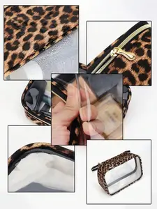 1pc Transparent PVC Leopard Print Portable Storage Bag With Leopard Print Towel And A-Z Letter Embroidery, Large Capacity Cosmetic Storage Box, Waterproof, Zipper Closure, Makeup Bag, Travel Organizer, Beauty Case, Can Store Lipstick, Brushes,