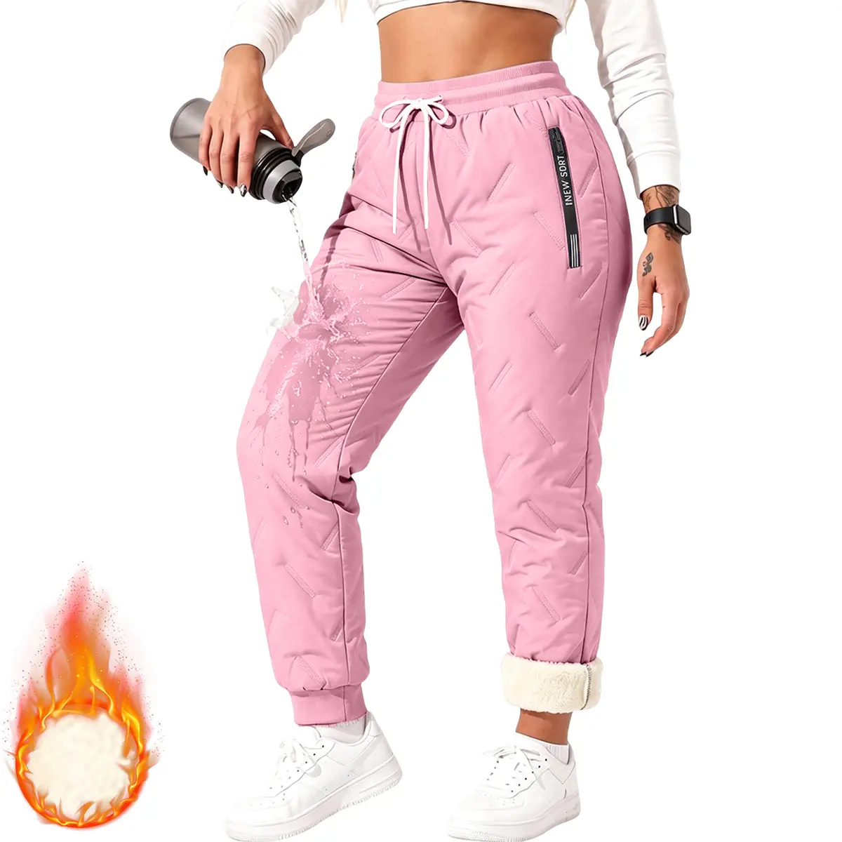Women’s ultrasonic fleece-lined long pants for winter, elastic waistband with drawstring, zippered pockets—stylish sportswear suitable for outdoor sports and casual wear.