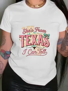 She'S from Texas Patterned Printed Short-Sleeved Round-Neck Casual Top, Summer And Spring Women'S Clothing