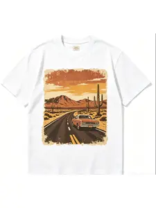 Men's Vintage Desert Road Trip Graphic T-Shirt Y2k Retro Classic Car Cactus Print Casual Short Sleeve Tee