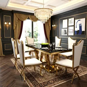 7 Pieces Modern Luxury Rectangular Dining Table Set, Elegant Home Kitchen Table with 6 Soft White PU Leather Seats, Sleek Black Faux Marble Smooth Surface and Premium Golden Stainless Steel Support Legs, Stylish Household Kitchen Furnishing
