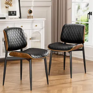 AOWOS Dining Chairs , FSC Certified Mid Century Modern Accent Dining Room and Kitchen Chairs, Upholstered PU Leather Diamond Check Chairs with Walnut Bentwood and Metal Legs, home,  bar set, soft, seat, cushion