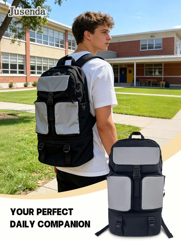 NEW 2-in-1 Black Gray Color Block Reflective Waterproof Backpack with Detachable Bag for Men Women, Multi-Scenario for Travel, Hiking & School