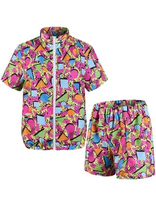 Men's Retro 80s Color Block Disco Tracksuit Short jacket Pants Jogger Set for Vintage Party
