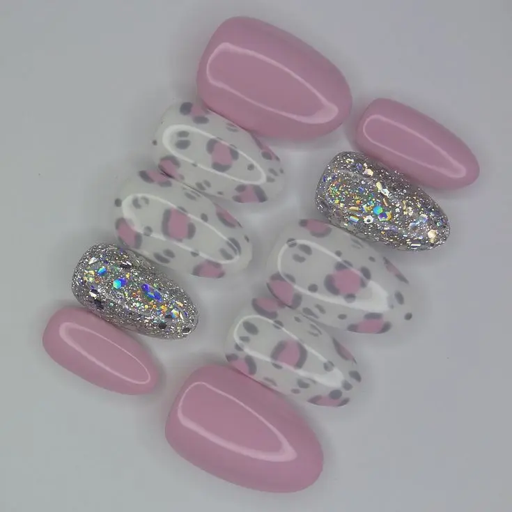 Pink Leopard Press On Nails, Y2K Pink Glitter Nails, Silver Sparkle Statement Tips, Cute Glam Fake Nails | Gift Set (Adhesive Tabs, Nail File, Cuticle Stick)