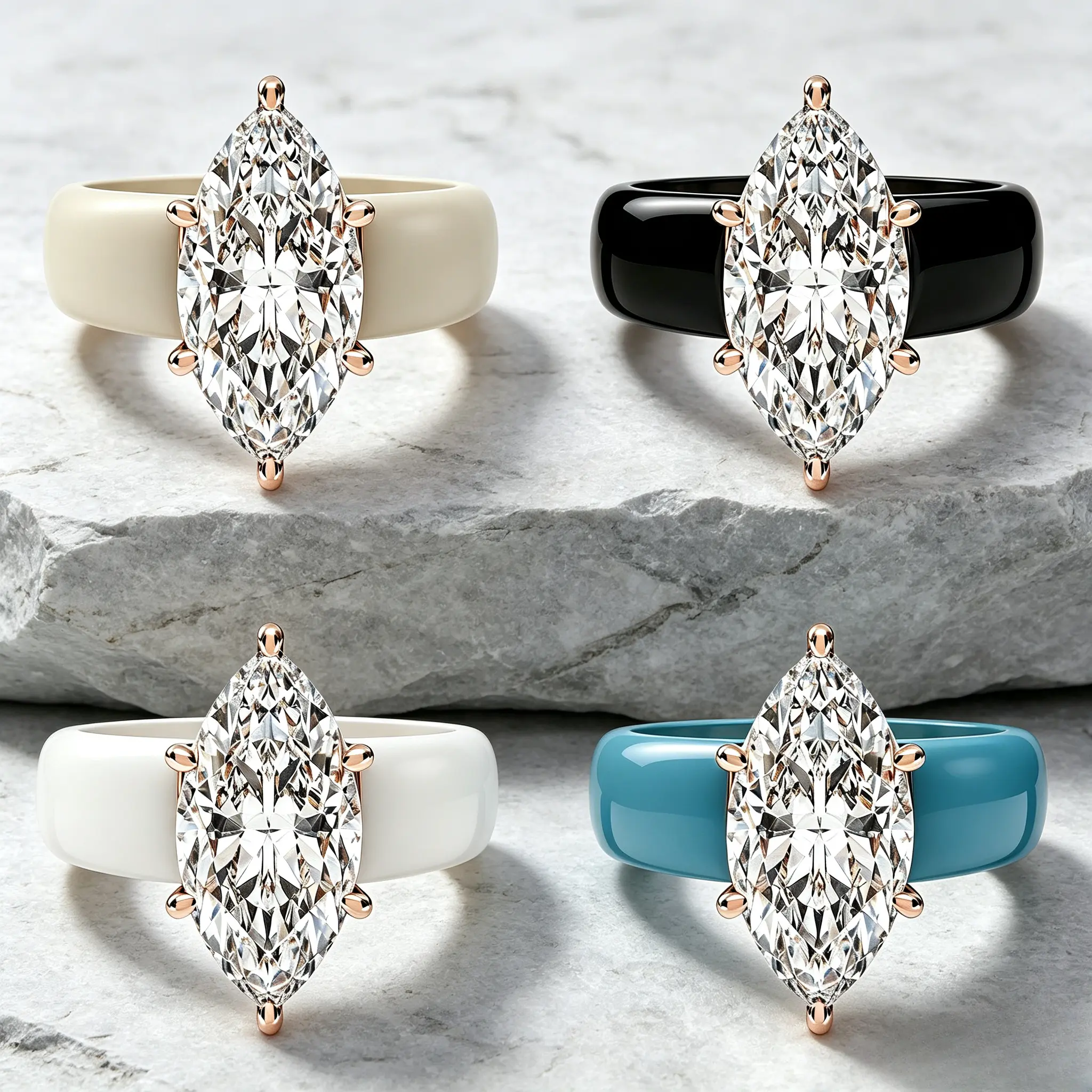 Trendy Wide Enamel Band Marquise Diamond Look Ring, Elegant Rose Gold Six-Prong Setting Statement Jewelry, Ideal Gift For Her
