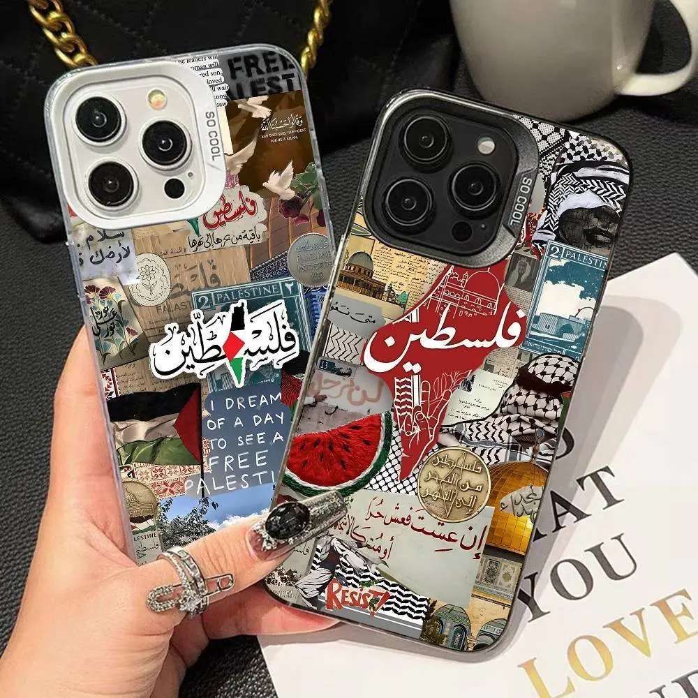 ART-P-Palestine-es-F-Flag MAP Shockproof Silver Back iPhone Case - Smartphone Cellphone Accessory for iPhone 16,15,14,13,12,11 Pro Max Plus, Multiple Colors with Handheld Screen Protection Support