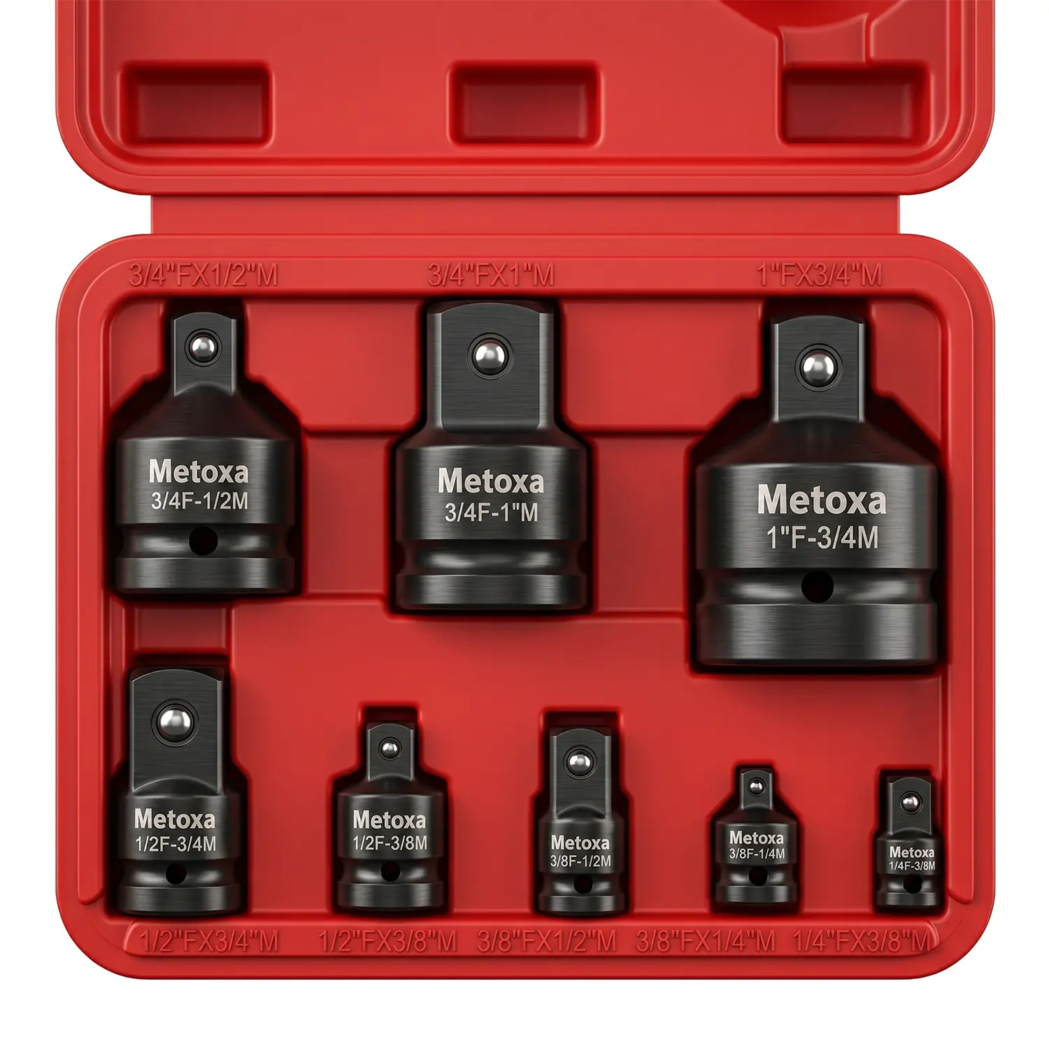 METOXA 8-Piece CR-V Steel Impact Socket Adapter & Reducer Set - 1/4"-1" Drive Converter, Wear-Resistant, Fits 1/4" Heads, Heavy-Duty Mechanic Tools for Automotive Use, 8-piece Coverage, Socket Wrenches