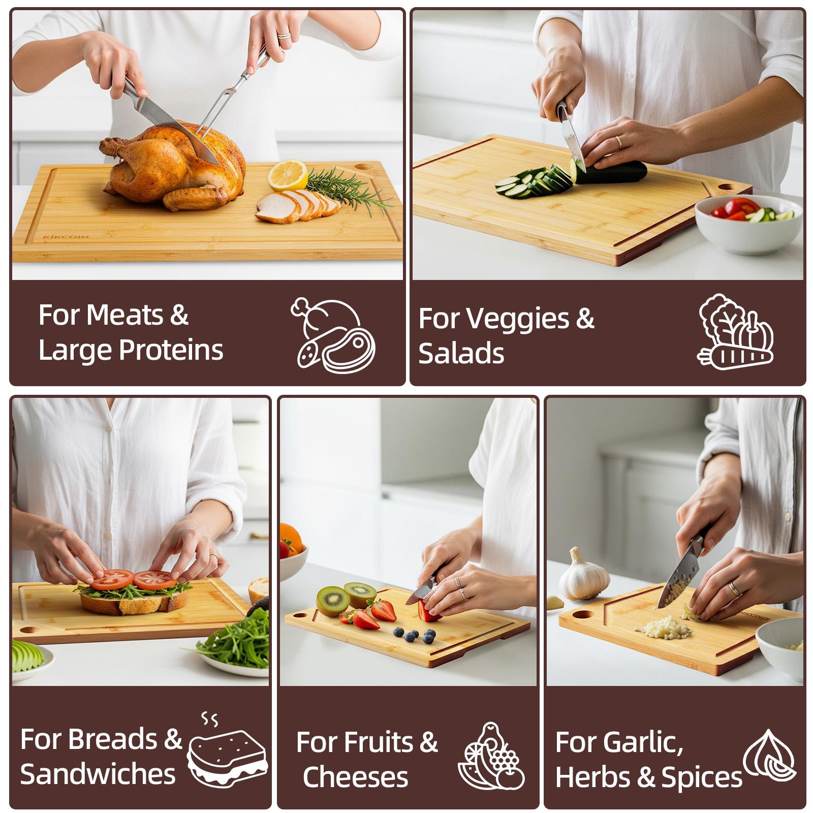 Kikcoin 10PCS Bamboo Cutting Board Set with Hooks and Tray, Natural Bamboo Kitchen Gadgets with Juice Grooves, Knife-Friendly Design, Space-Saving Storage, Easy to Clean and Maintain, Perfect Kitchen Gift for Family and Friends80's cutting board