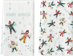 Snow Ski Happy Winter Kitchen Towels Dish Towels, 16x24 Inch Farmhouse Holiday Snowflake Decoration Cleaning Set of 2