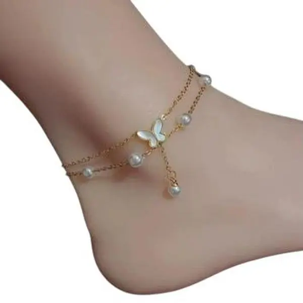 Butterfly White Pearl Anklet for Adults Stainless Steel Elegant Foot Jewelry Accessory