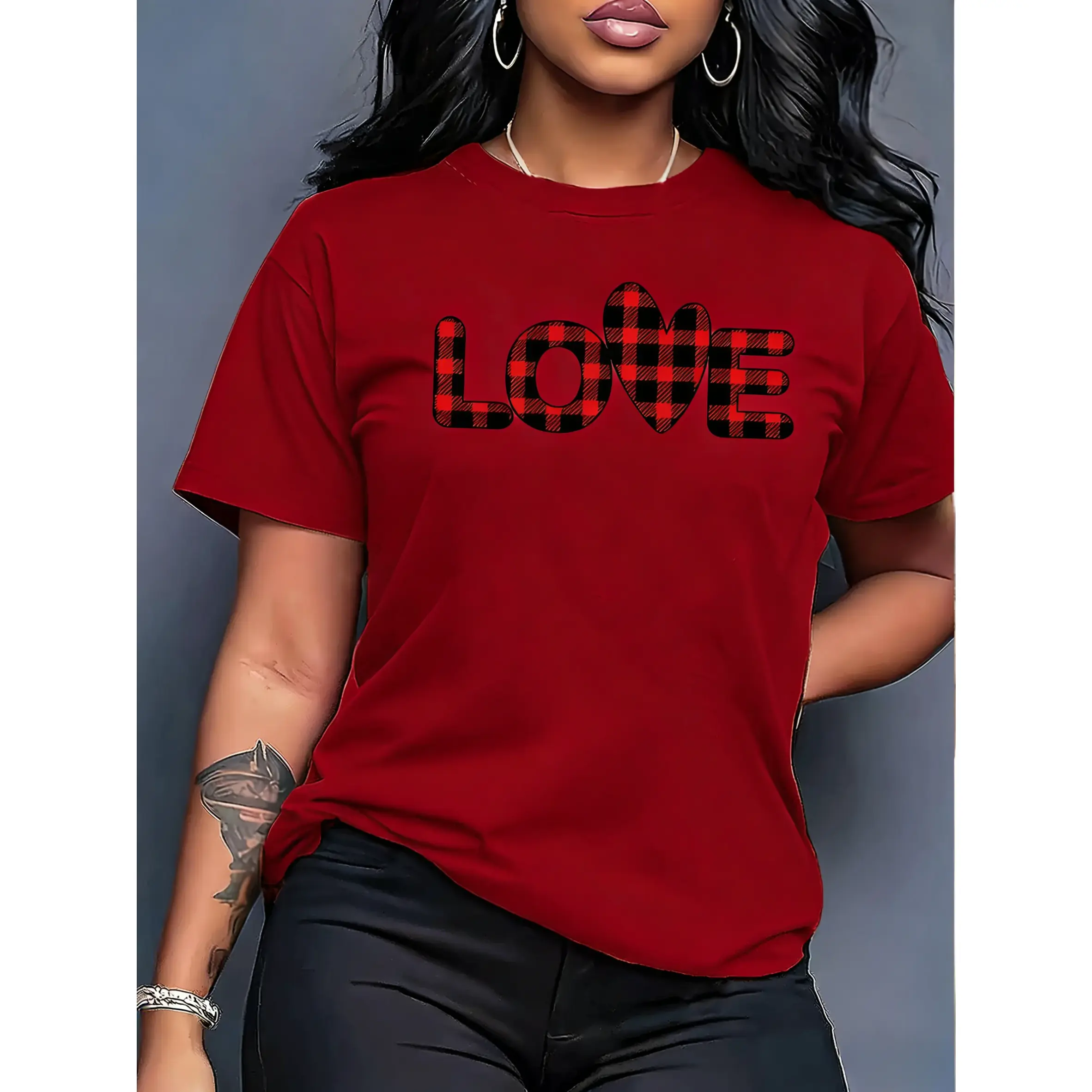 Women's 100% Pure Cotton Christmas Graphic Short Sleeve Basic Top - Check Heart "LOVE" Print, Round Neck, Oversized Fit, Smooth Fabric, Machine Washable, Soft, Casual for Commuting & Daily Wear