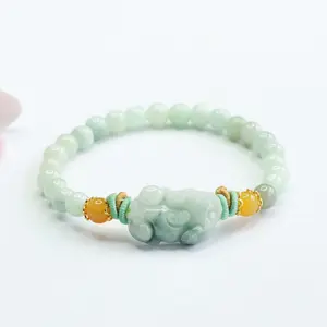 Unisex Natural Green Jade Carved Bead Bracelet - Feng Shui Lucky Charm with Money Magnet Pixiu & Walnut, Dainty Everyday Wear Wealth Business Costume Jewelry, Jade Bracelet Bangle, Green Jade Bracelet