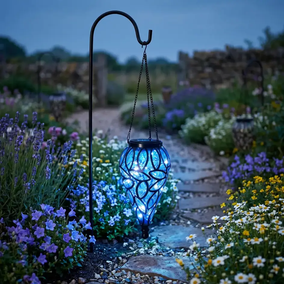 Solar Lantern Outdoor Hanging Light, Waterproof Blue Glass Mosaic Metal Fixture with Shepherd Hook & Solar-Powered Fairy Lights, for Garden Pathway Decor, Birthday Gift for Garden Lovers